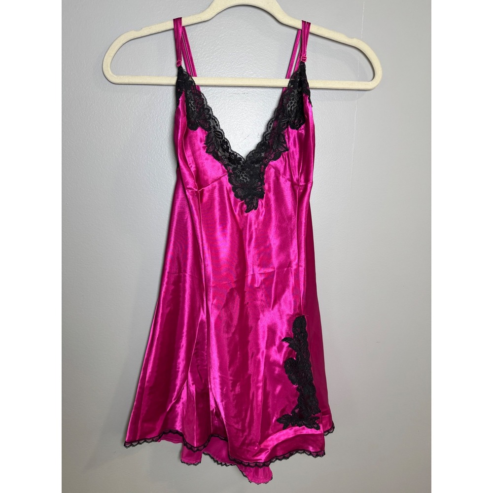 Fredericks of Hollywood Magenta Pink Satin Lace Trim Chemise Nightgown Large NWT